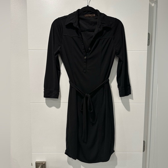 Classic Black Work Dress with Long Sleeves, Button down, Collar, and Tie Waist - Picture 2 of 7